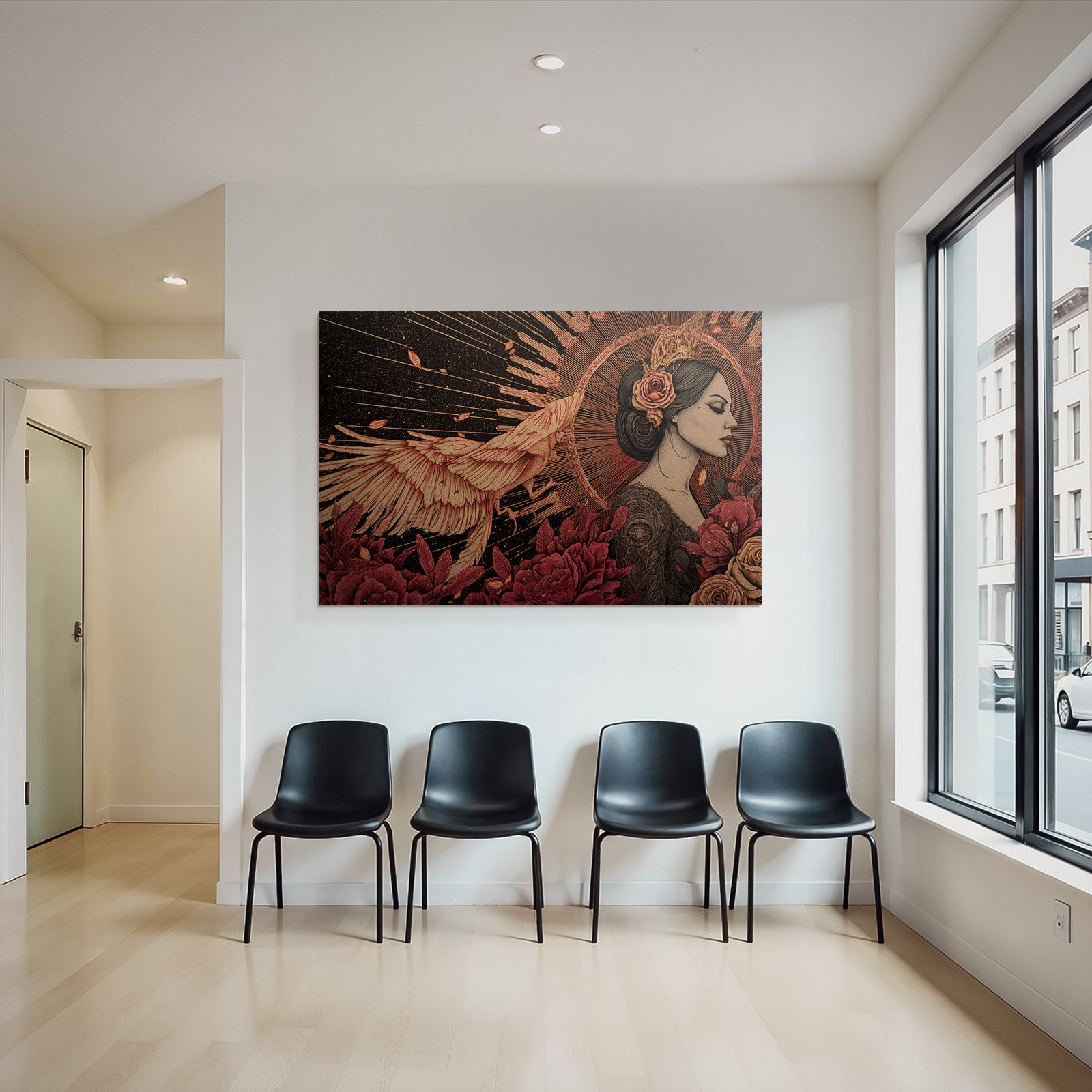 Frau Im Profil Mit Blumen Und Phoenix Im Flug Radialdesign Hintergrund