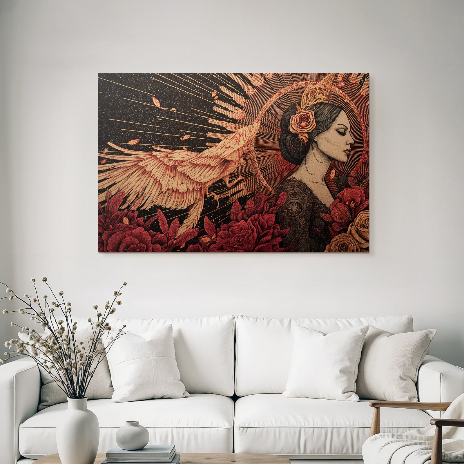 Frau Im Profil Mit Blumen Und Phoenix Im Flug Radialdesign Hintergrund
