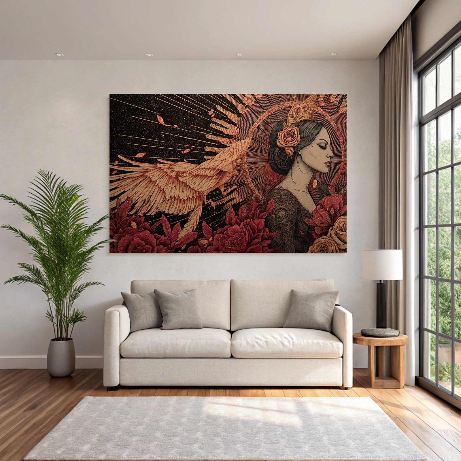 Frau Im Profil Mit Blumen Und Phoenix Im Flug Radialdesign Hintergrund