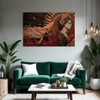 Frau Im Profil Mit Blumen Und Phoenix Im Flug Radialdesign Hintergrund