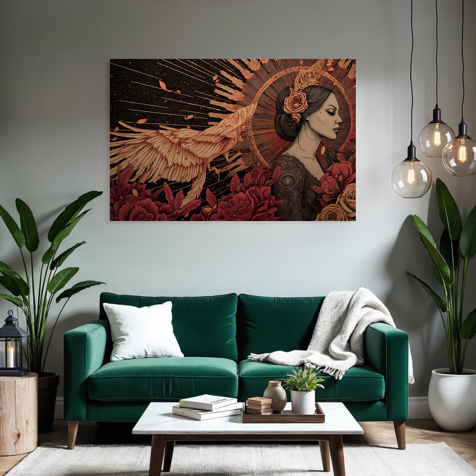 Frau Im Profil Mit Blumen Und Phoenix Im Flug Radialdesign Hintergrund