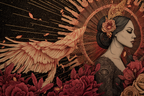 Frau Im Profil Mit Blumen Und Phoenix Im Flug Radialdesign Hintergrund | Klassisch | Einrichtungsstile
