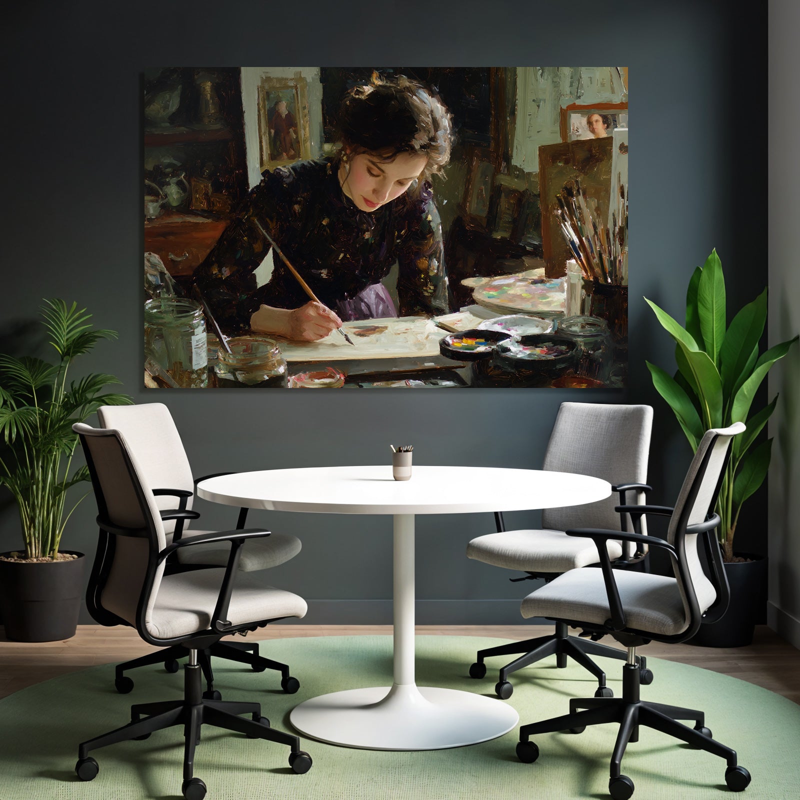 Frau Malt Am Tisch Mit Kunstbedarf Impressionistischer Stil