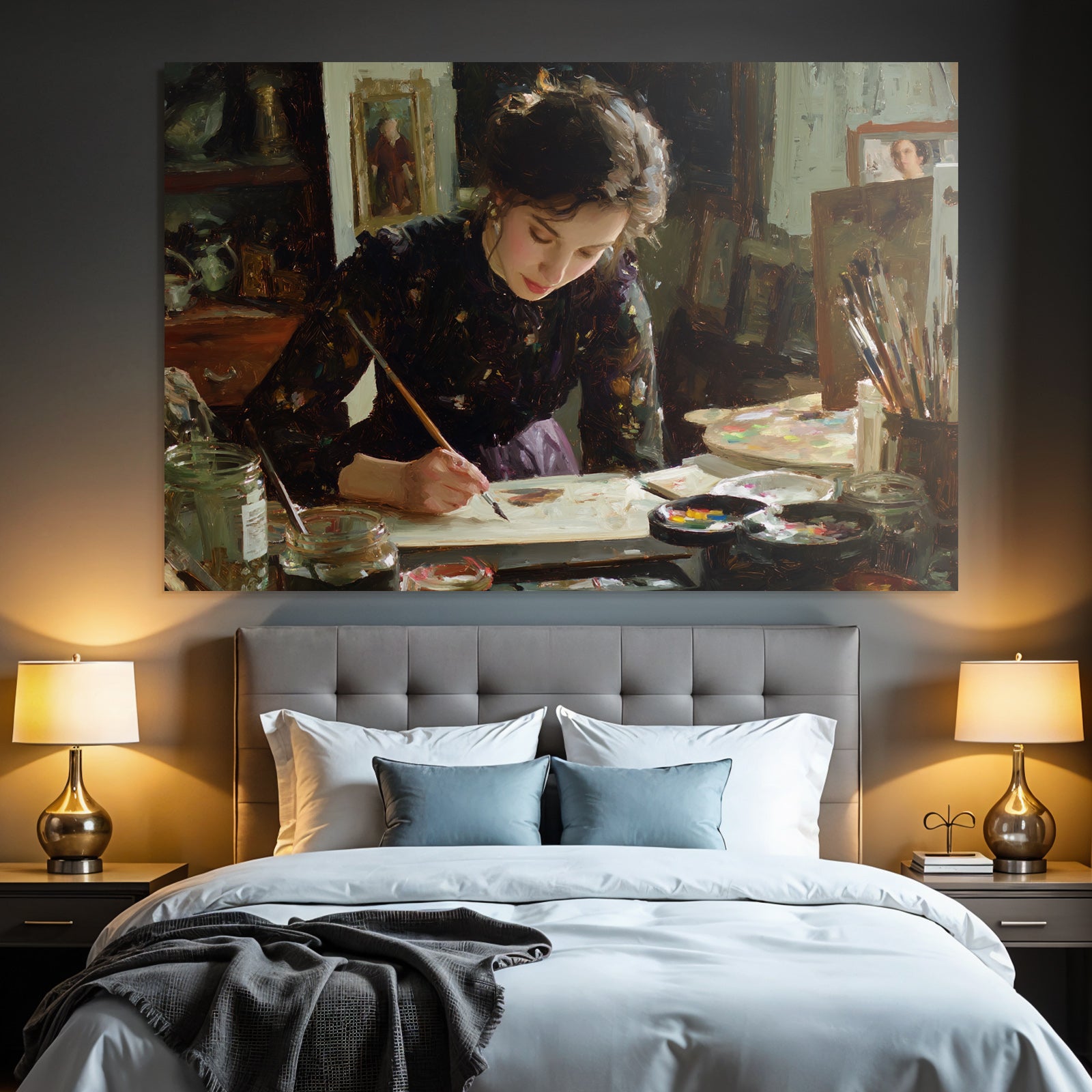 Frau Malt Am Tisch Mit Kunstbedarf Impressionistischer Stil