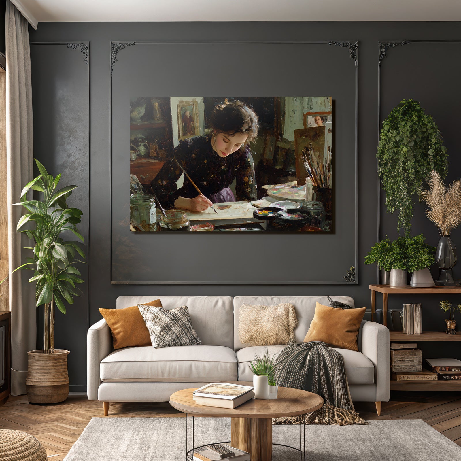 Frau Malt Am Tisch Mit Kunstbedarf Impressionistischer Stil