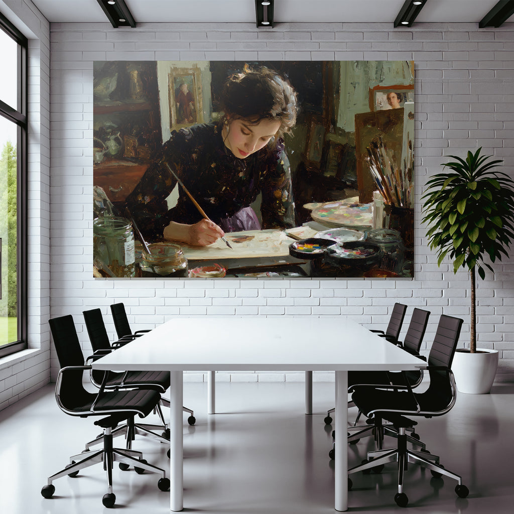 Frau Malt Am Tisch Mit Kunstbedarf Impressionistischer Stil