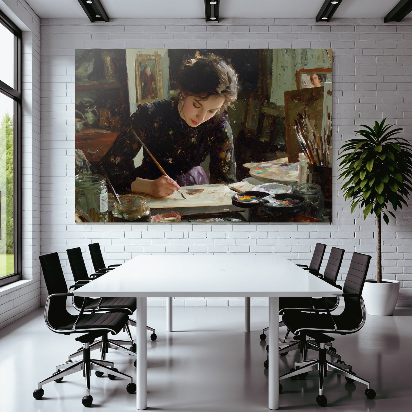 Frau Malt Am Tisch Mit Kunstbedarf Impressionistischer Stil