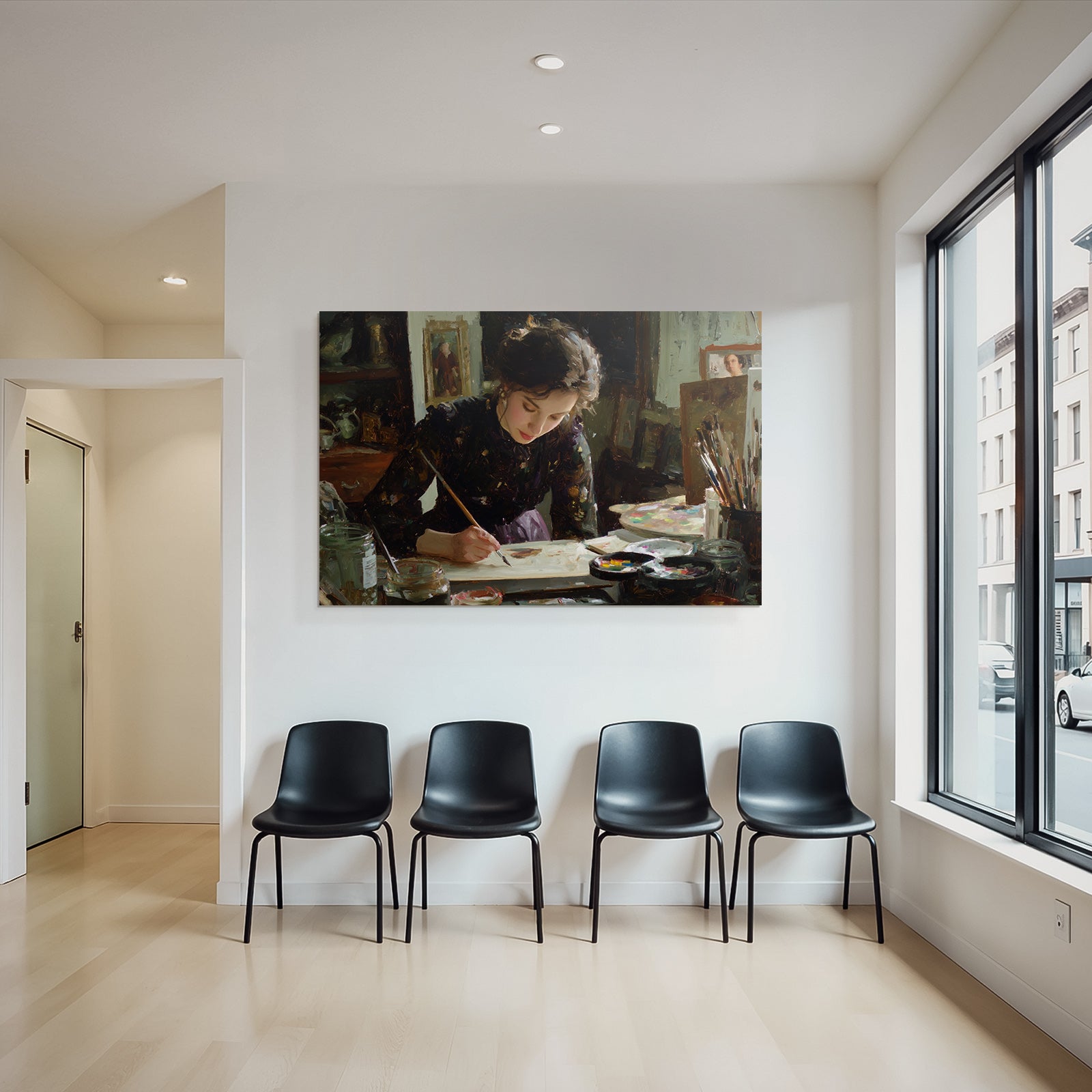 Frau Malt Am Tisch Mit Kunstbedarf Impressionistischer Stil