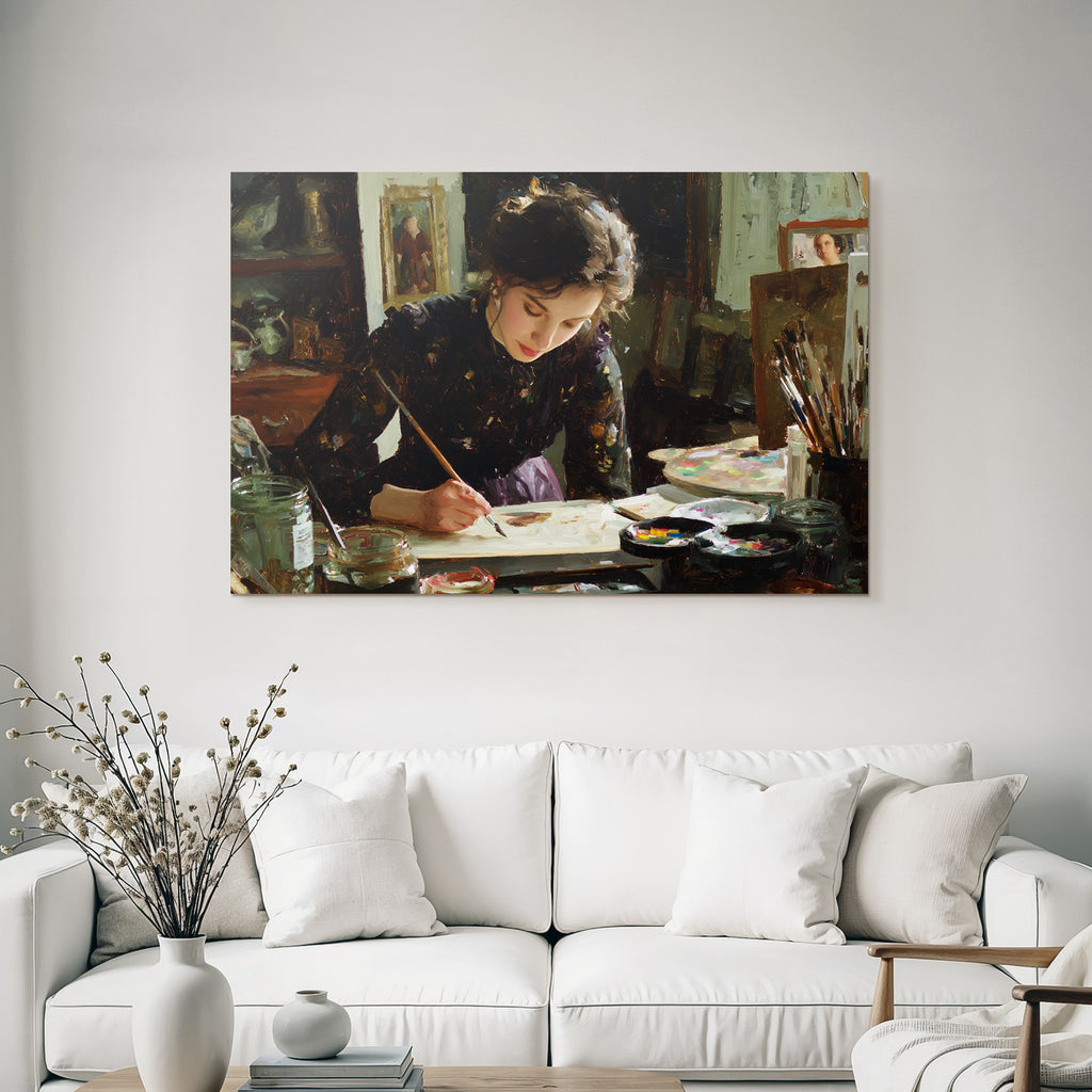 Frau Malt Am Tisch Mit Kunstbedarf Impressionistischer Stil
