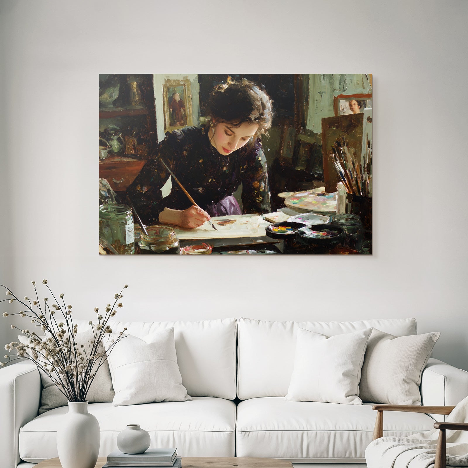 Frau Malt Am Tisch Mit Kunstbedarf Impressionistischer Stil
