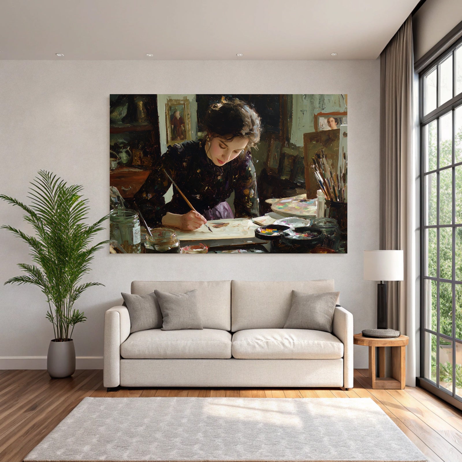 Frau Malt Am Tisch Mit Kunstbedarf Impressionistischer Stil