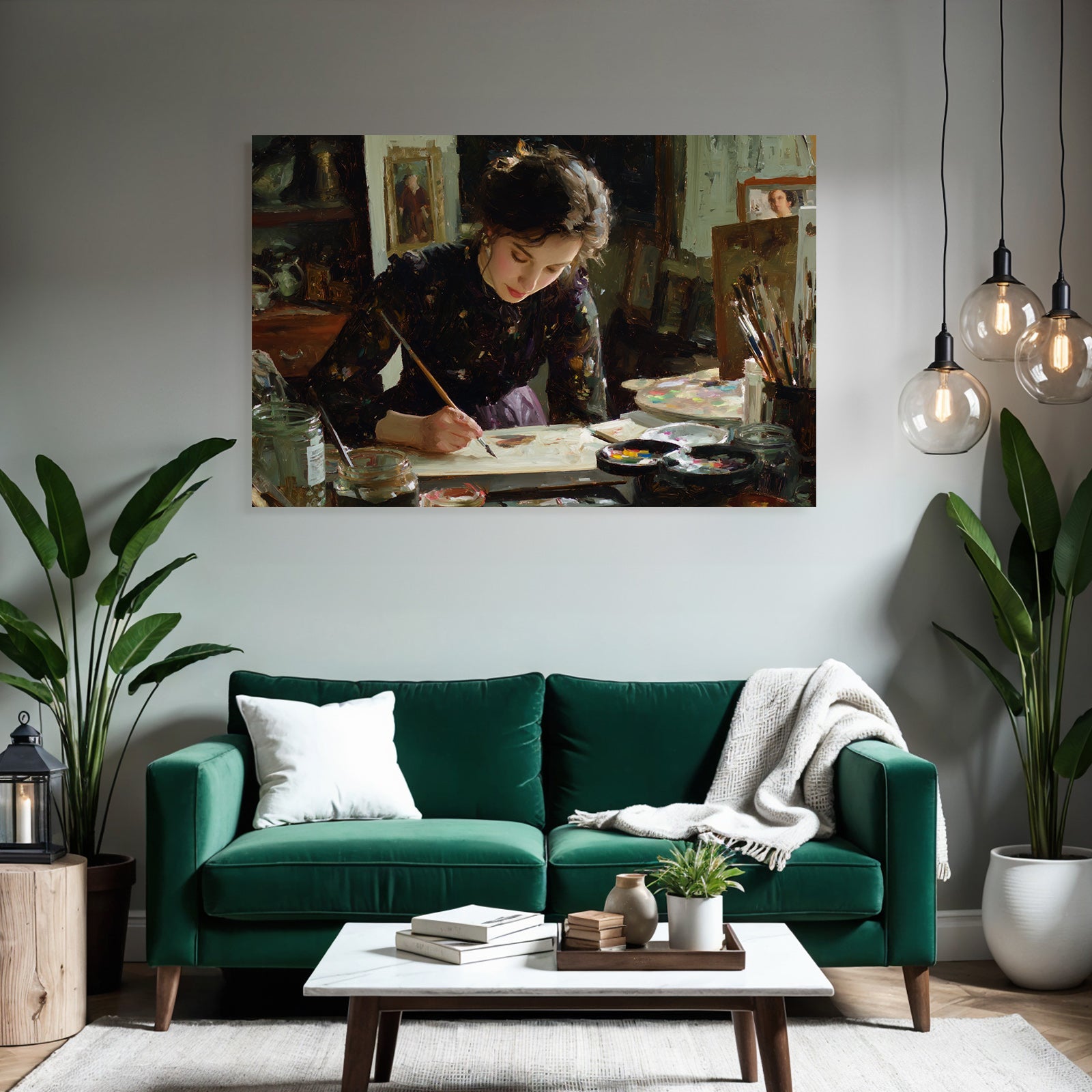Frau Malt Am Tisch Mit Kunstbedarf Impressionistischer Stil