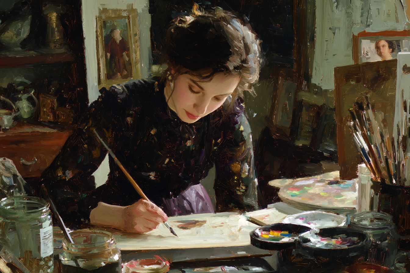 Frau Malt Am Tisch Mit Kunstbedarf Impressionistischer Stil | Klassisch | Einrichtungsstile