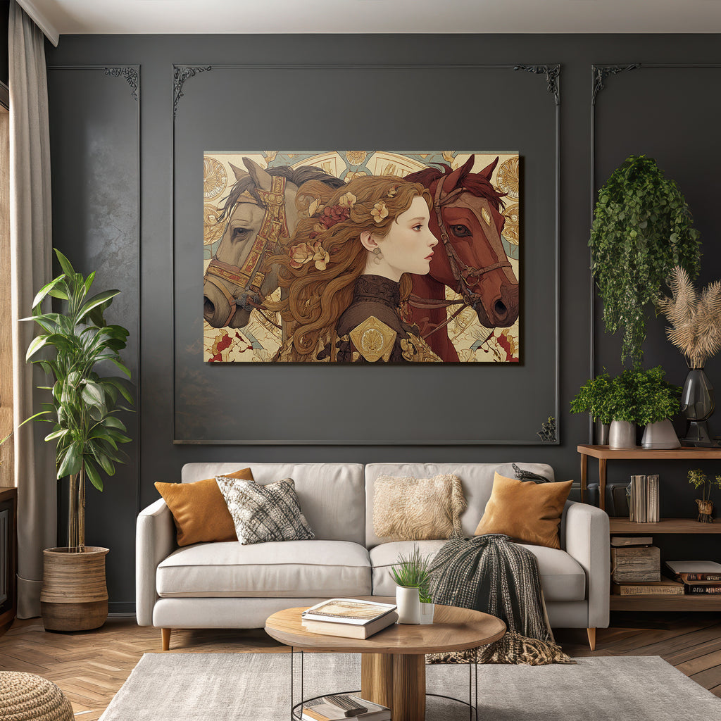 Frau Mit Blumen Und Pferden Kunstvolle Illustration