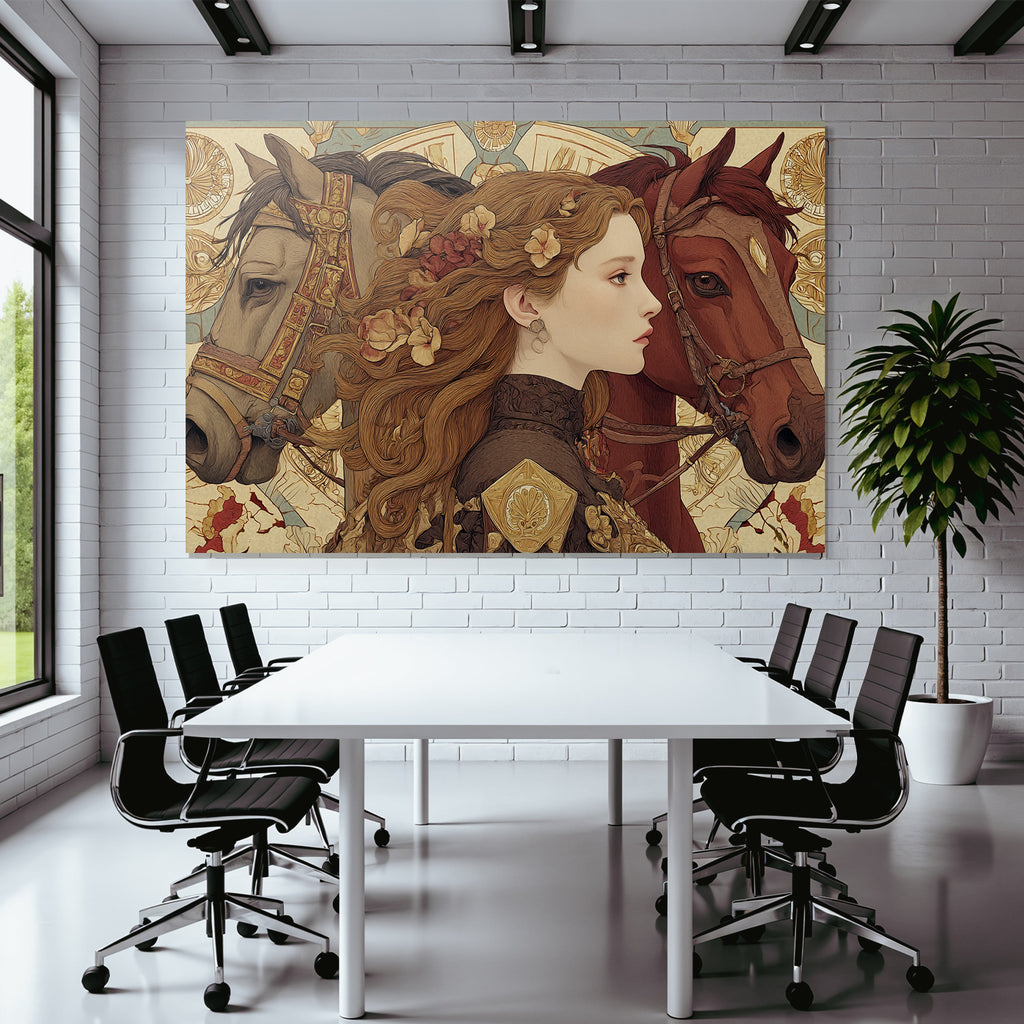 Frau Mit Blumen Und Pferden Kunstvolle Illustration