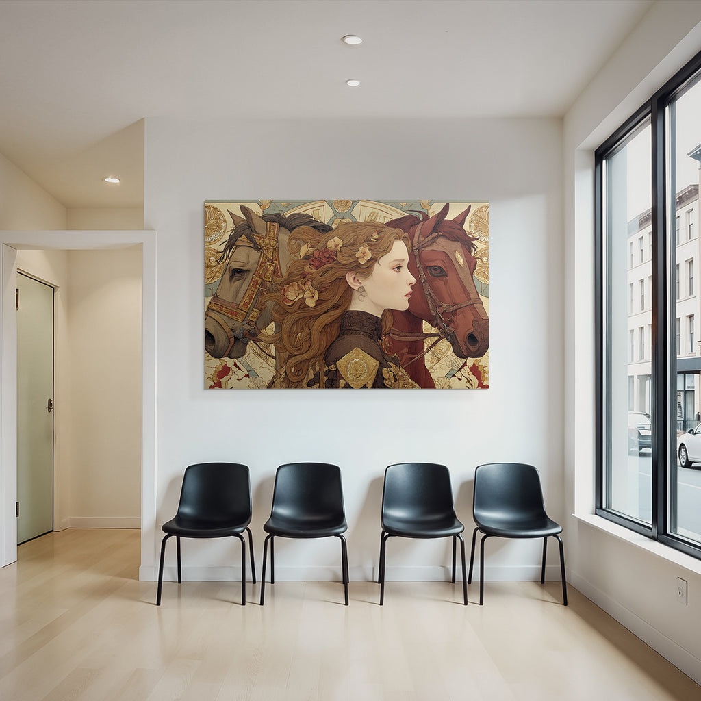 Frau Mit Blumen Und Pferden Kunstvolle Illustration