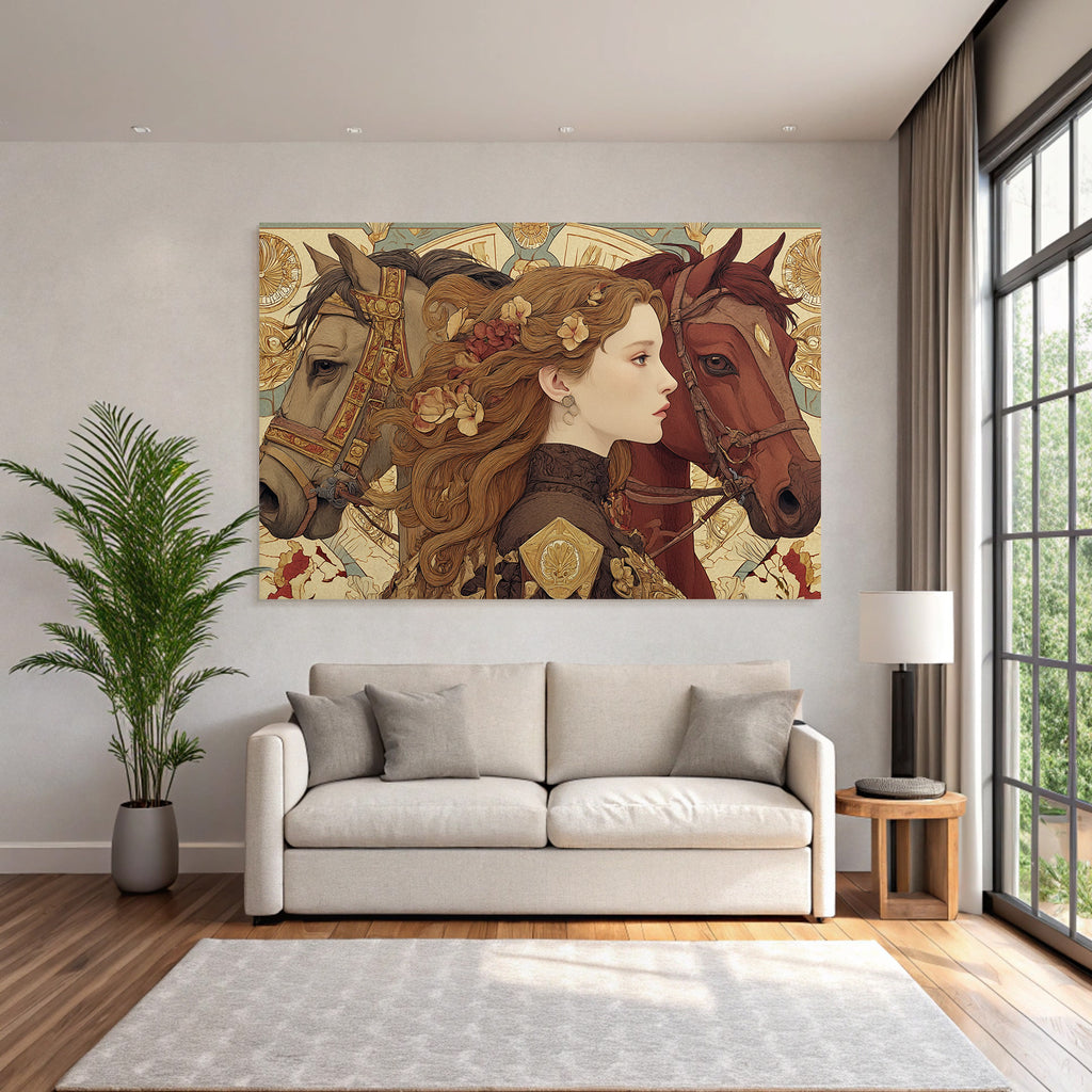 Frau Mit Blumen Und Pferden Kunstvolle Illustration