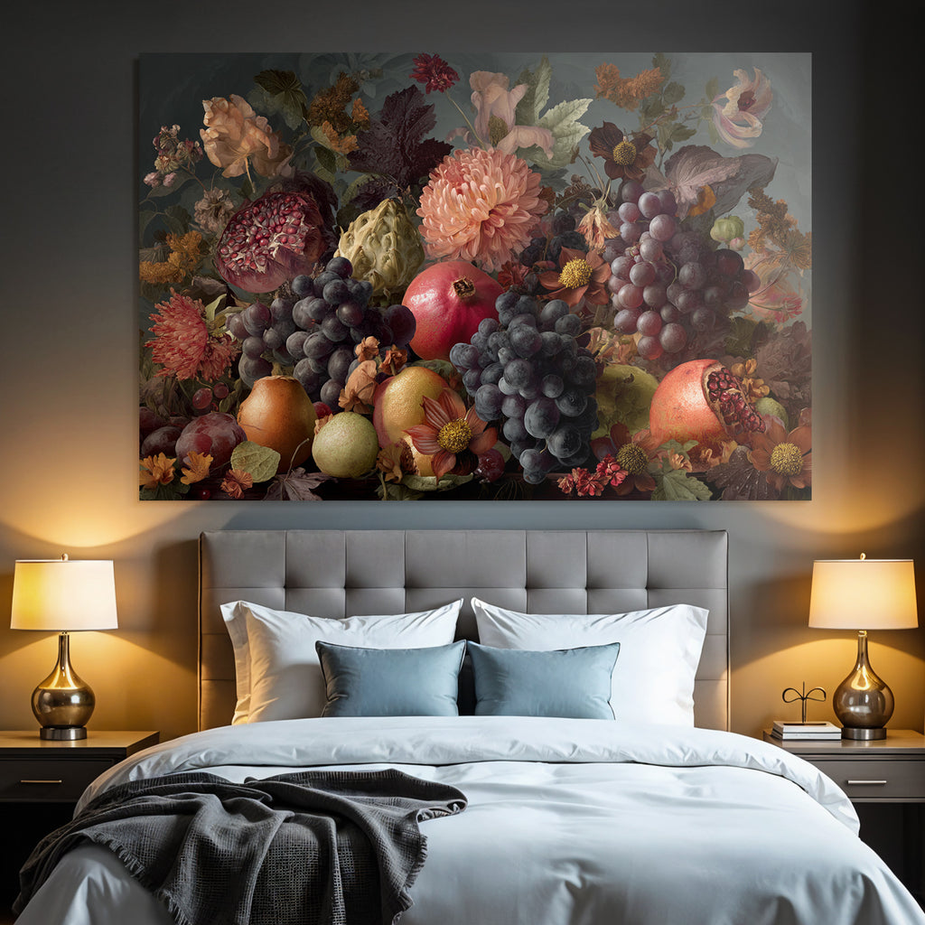 Fruechte Und Blumen Stillleben Vibrante Komposition