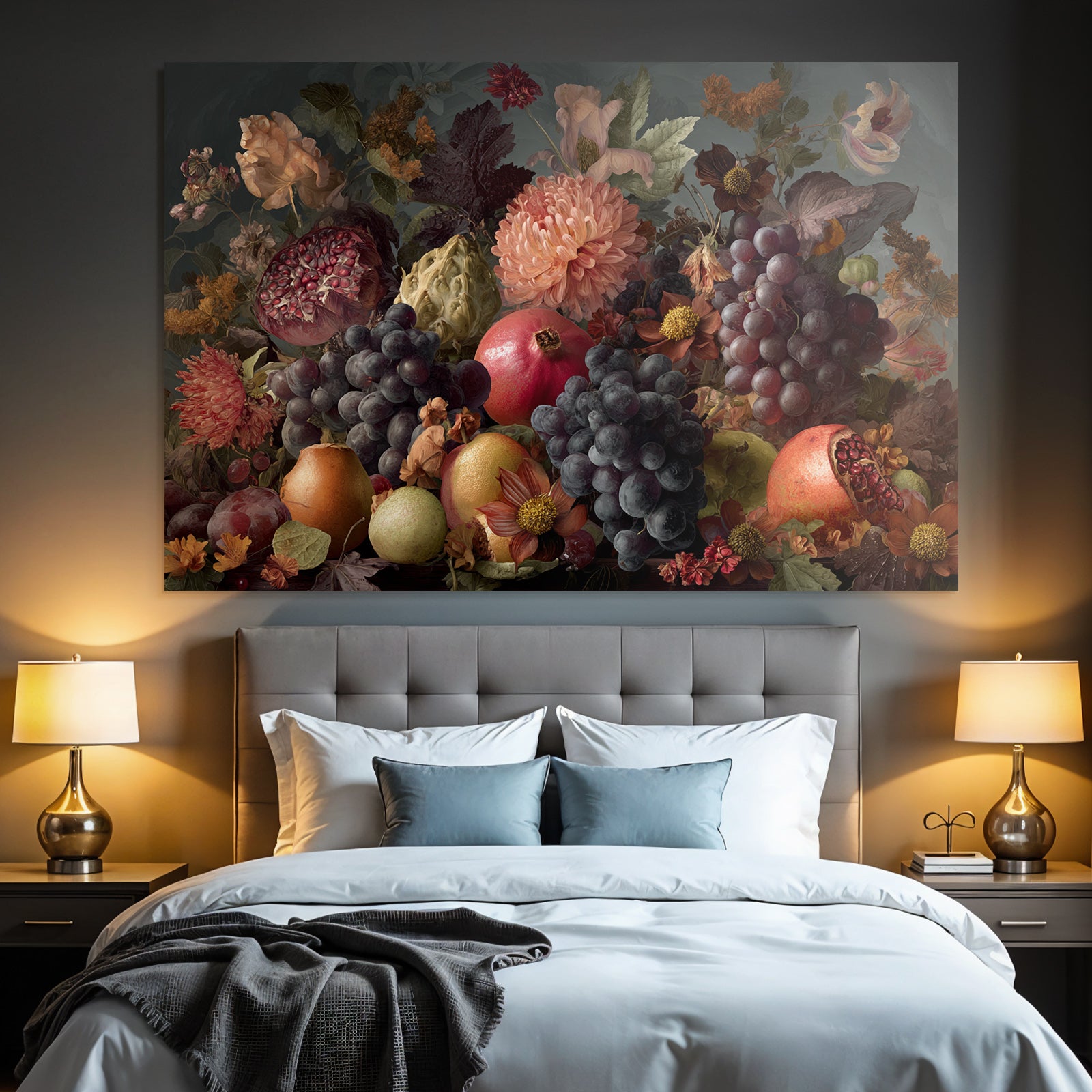 Fruechte Und Blumen Stillleben Vibrante Komposition