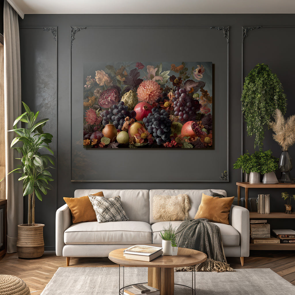 Fruechte Und Blumen Stillleben Vibrante Komposition