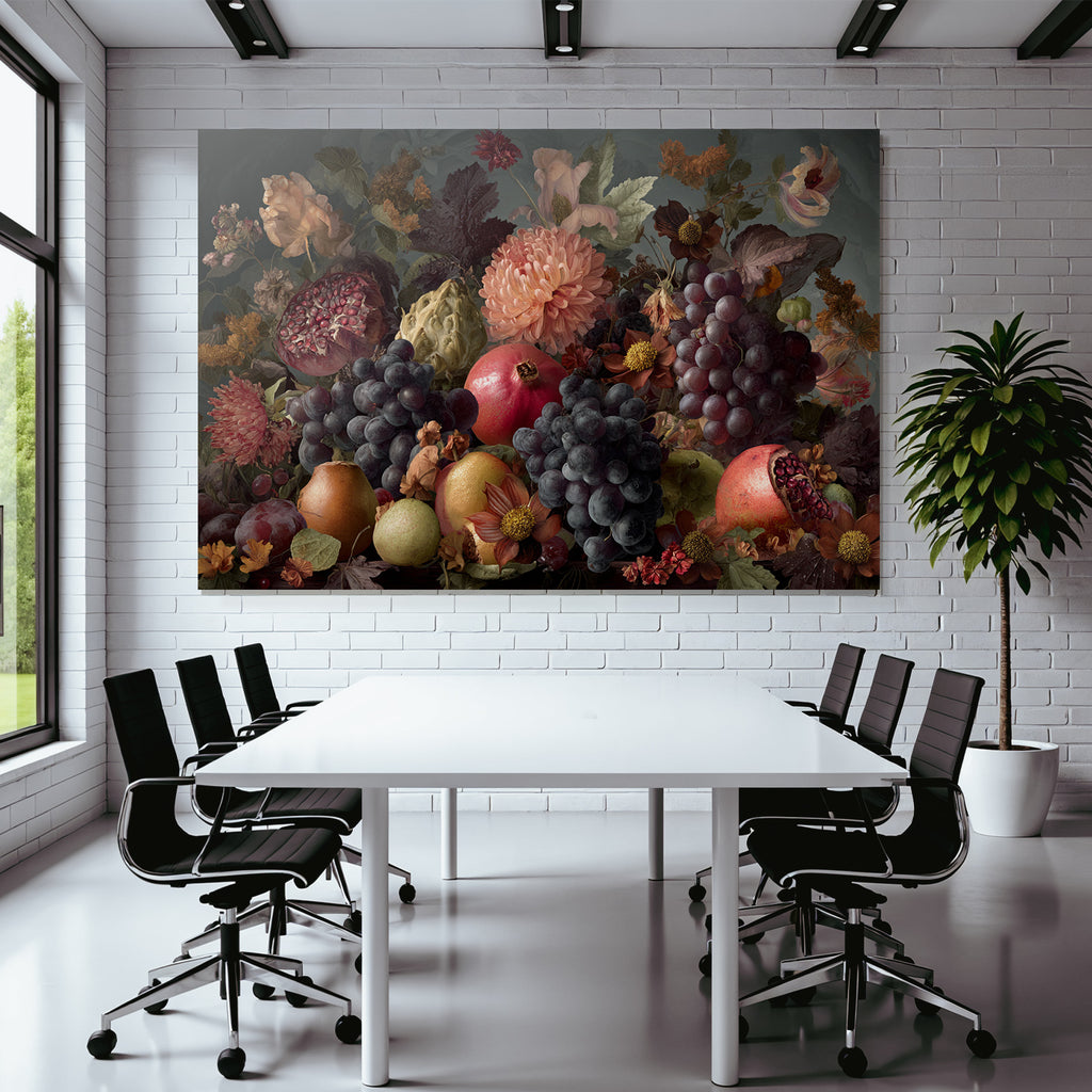 Fruechte Und Blumen Stillleben Vibrante Komposition