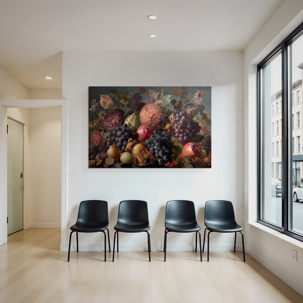 Fruechte Und Blumen Stillleben Vibrante Komposition