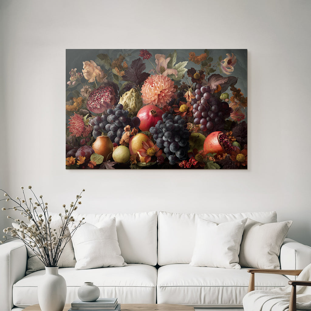 Fruechte Und Blumen Stillleben Vibrante Komposition