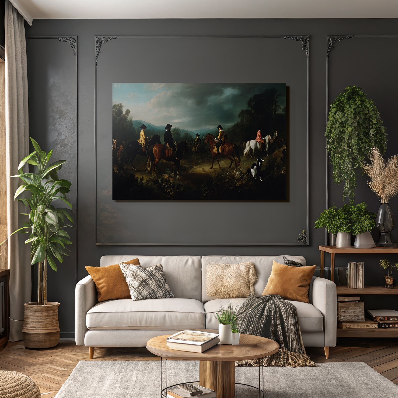 Gruppe Reiter In Natur Landschaft Jagd Romantisch