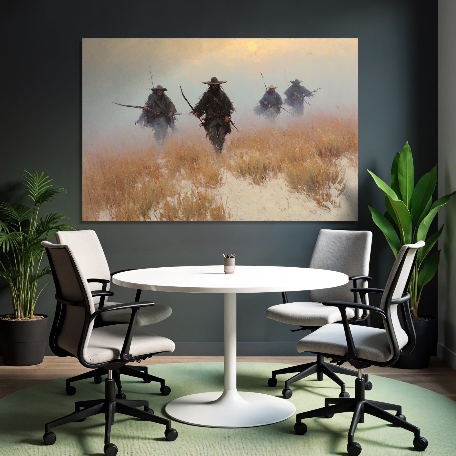 Gruppe Von Figuren Im Nebligen Landschaft Kuenstlerische Interpretation