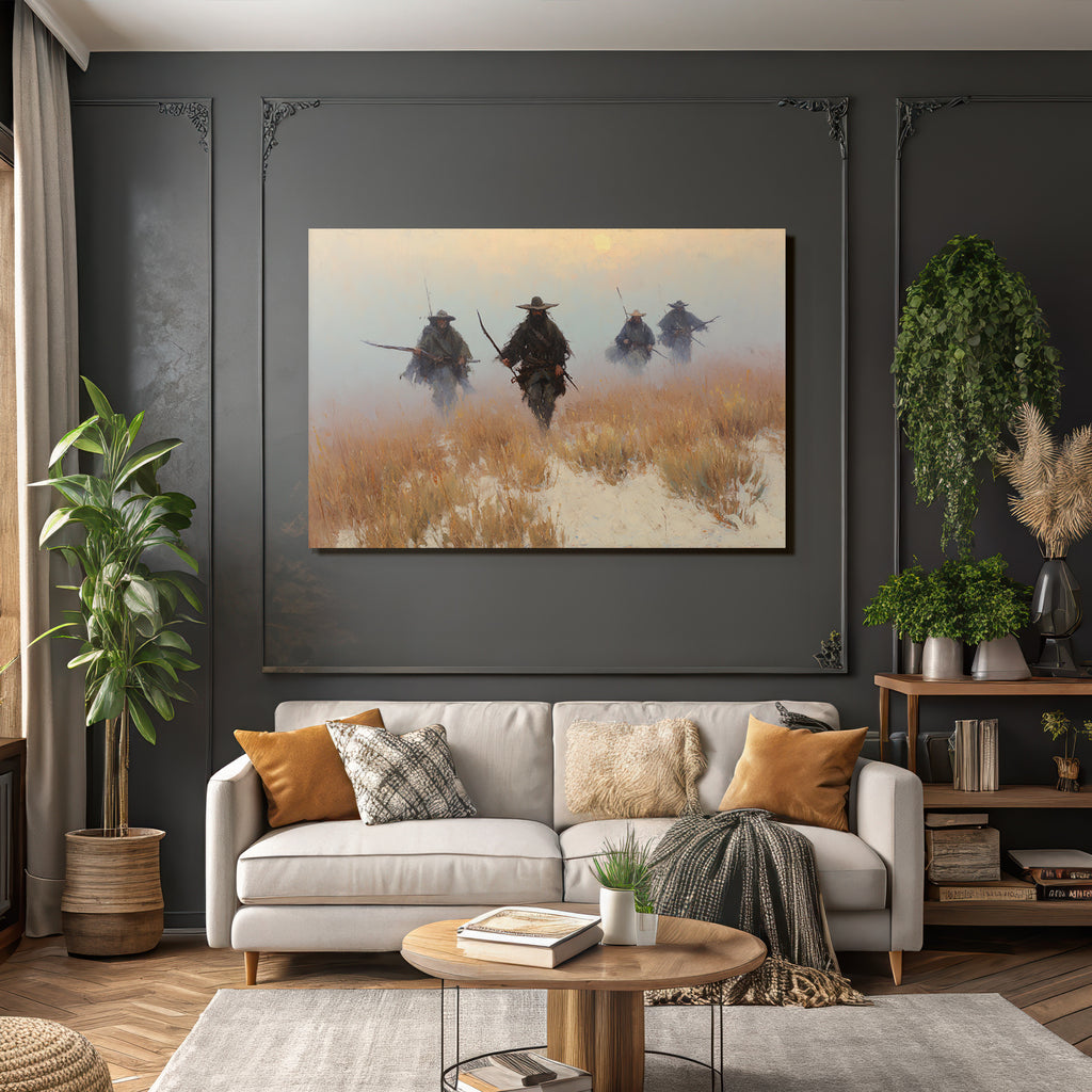 Gruppe Von Figuren Im Nebligen Landschaft Kuenstlerische Interpretation