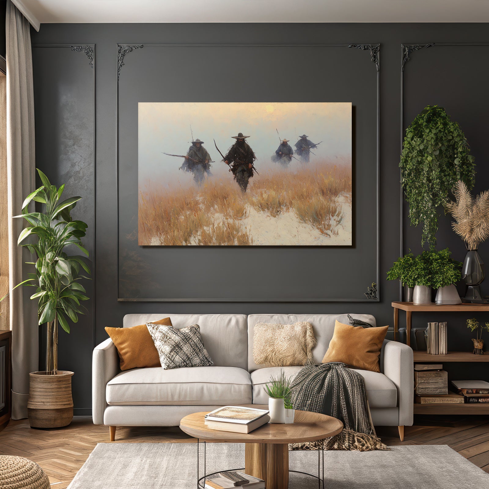 Gruppe Von Figuren Im Nebligen Landschaft Kuenstlerische Interpretation