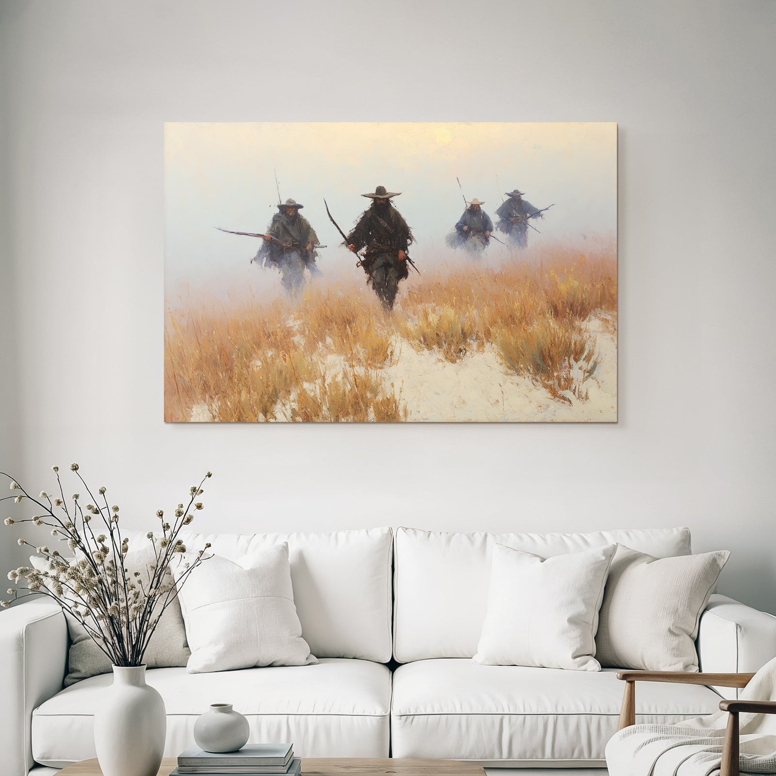 Gruppe Von Figuren Im Nebligen Landschaft Kuenstlerische Interpretation