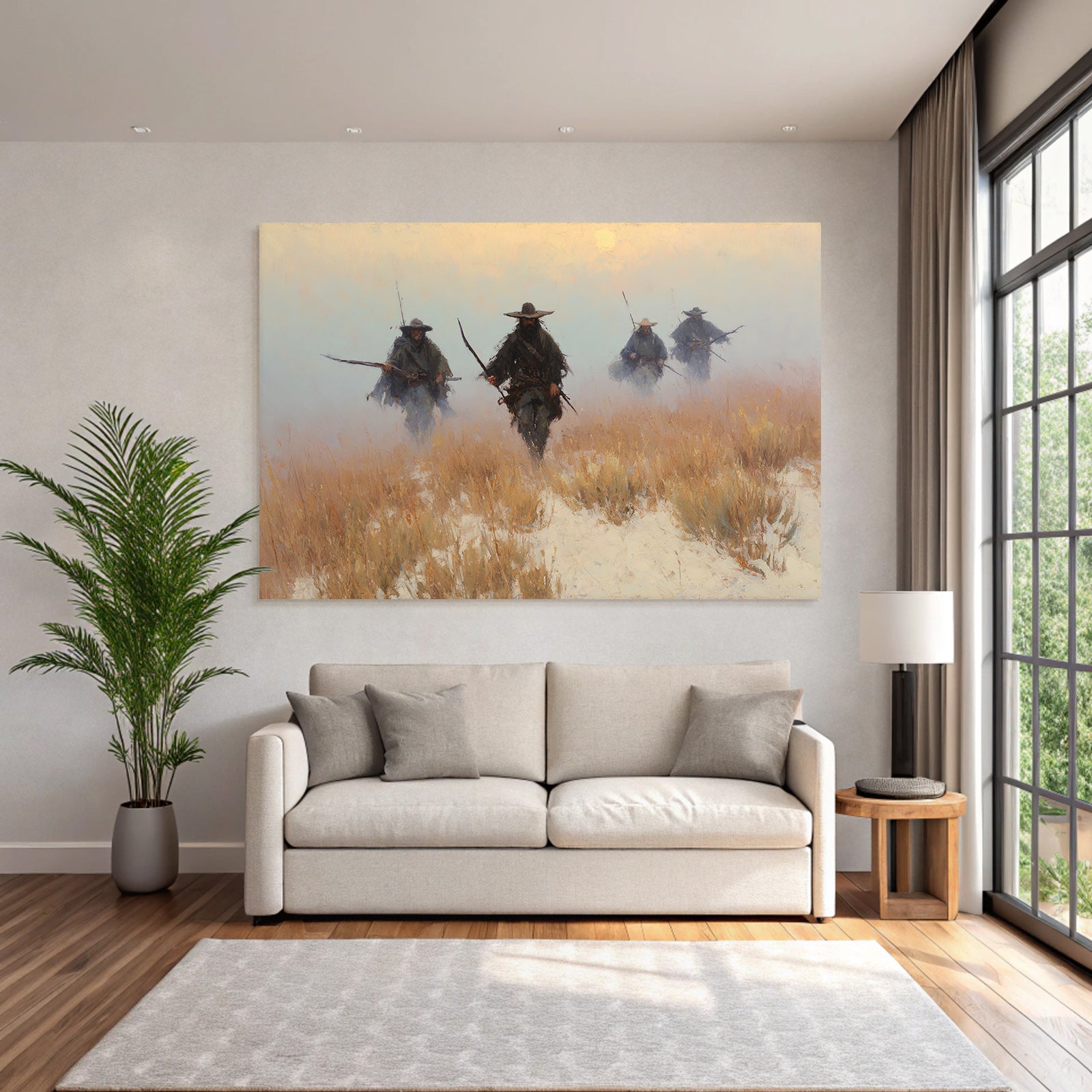 Gruppe Von Figuren Im Nebligen Landschaft Kuenstlerische Interpretation