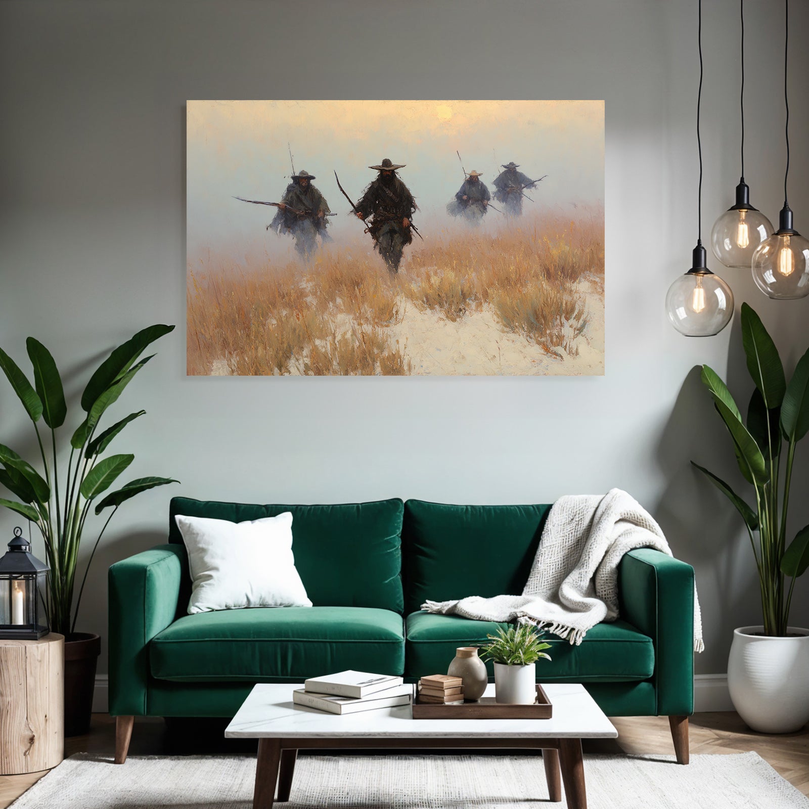 Gruppe Von Figuren Im Nebligen Landschaft Kuenstlerische Interpretation
