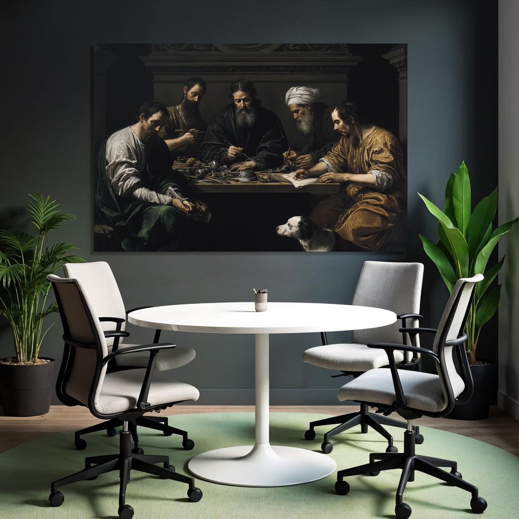 Gruppe Von Figuren Um Tisch Mit Hund Chiaroscuro Malerei