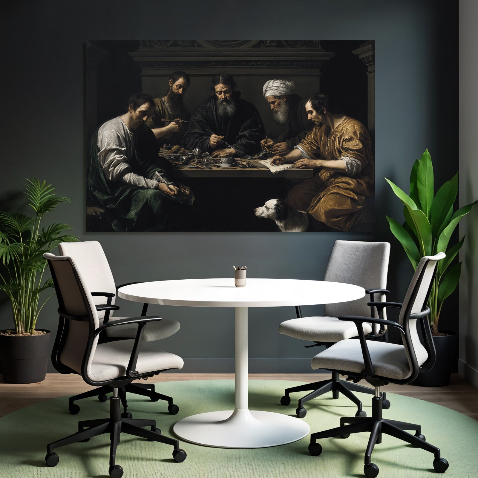 Gruppe Von Figuren Um Tisch Mit Hund Chiaroscuro Malerei