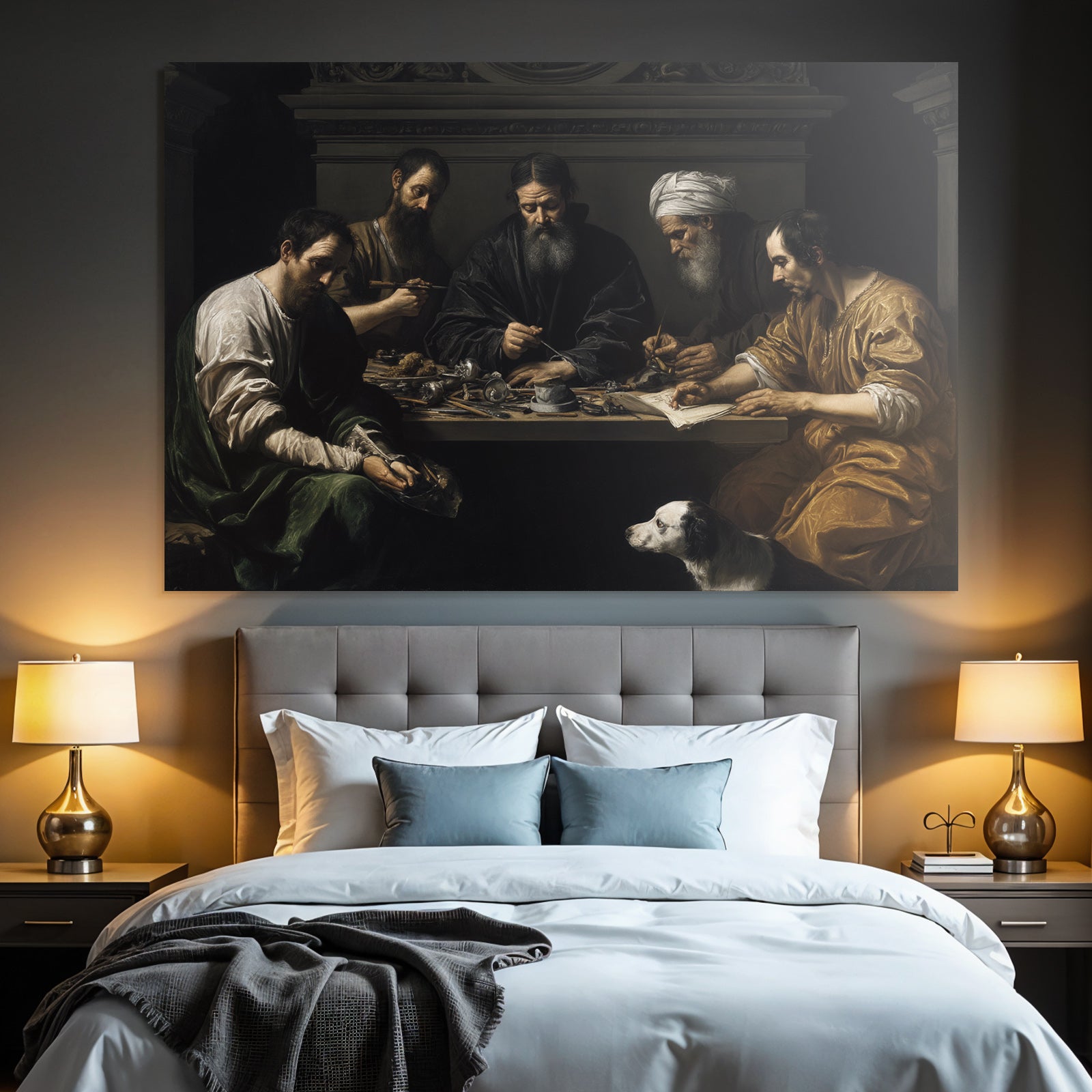 Gruppe Von Figuren Um Tisch Mit Hund Chiaroscuro Malerei