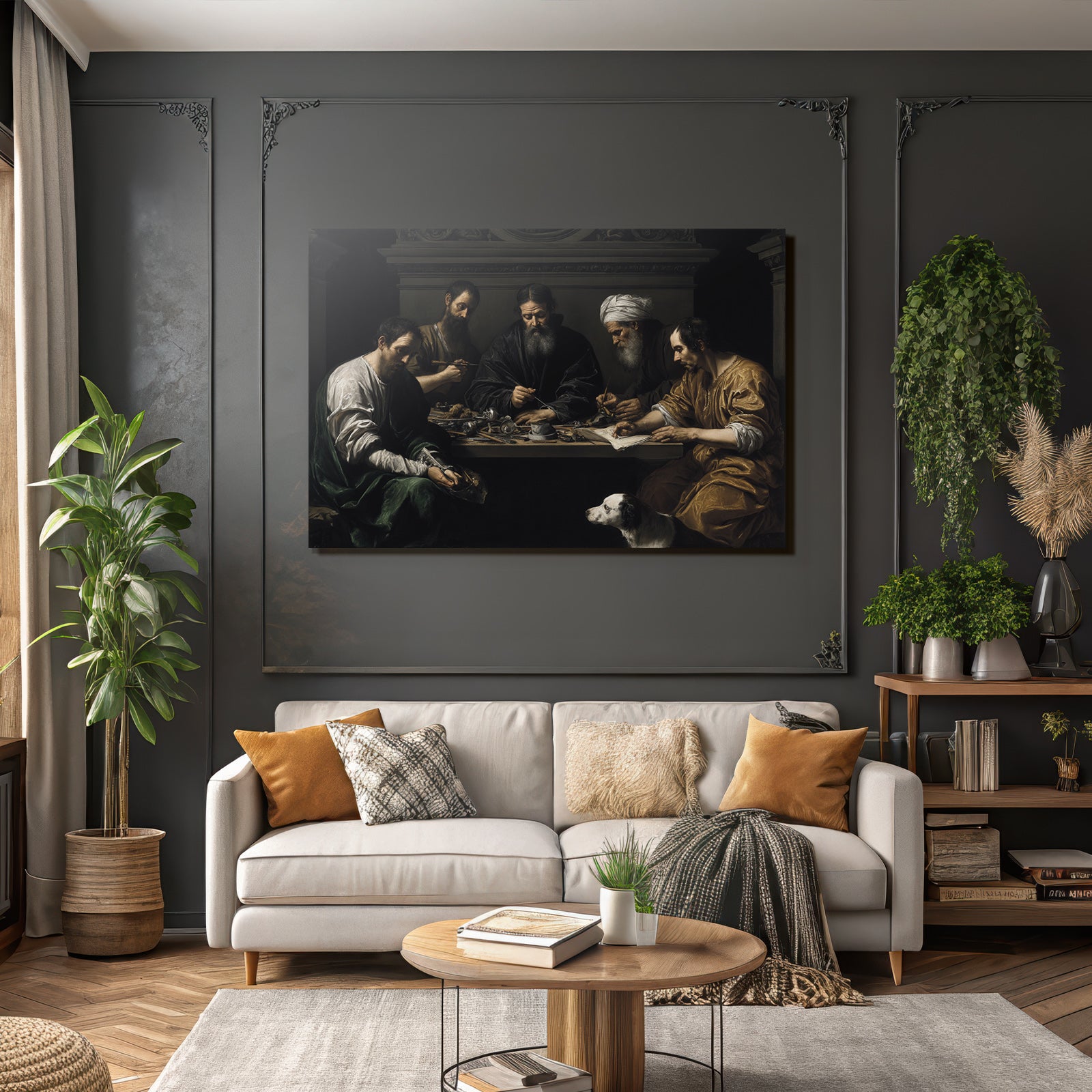 Gruppe Von Figuren Um Tisch Mit Hund Chiaroscuro Malerei