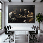 Gruppe Von Figuren Um Tisch Mit Hund Chiaroscuro Malerei