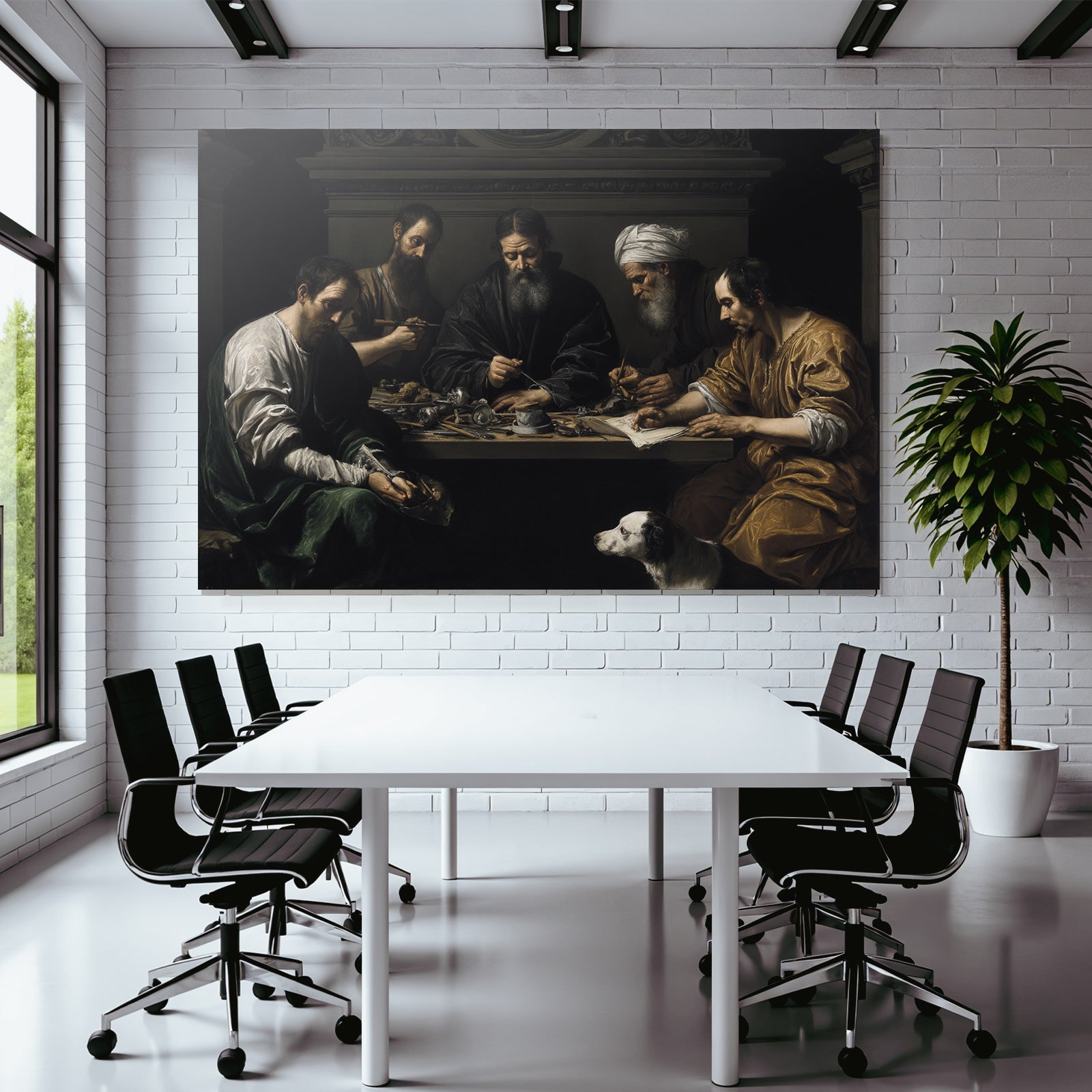 Gruppe Von Figuren Um Tisch Mit Hund Chiaroscuro Malerei