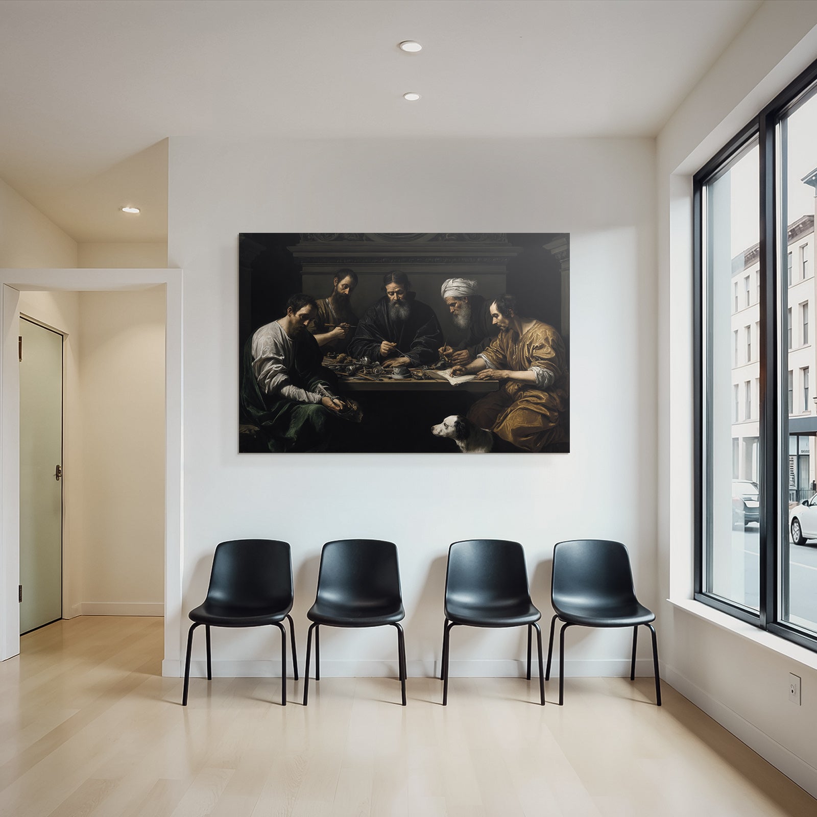 Gruppe Von Figuren Um Tisch Mit Hund Chiaroscuro Malerei