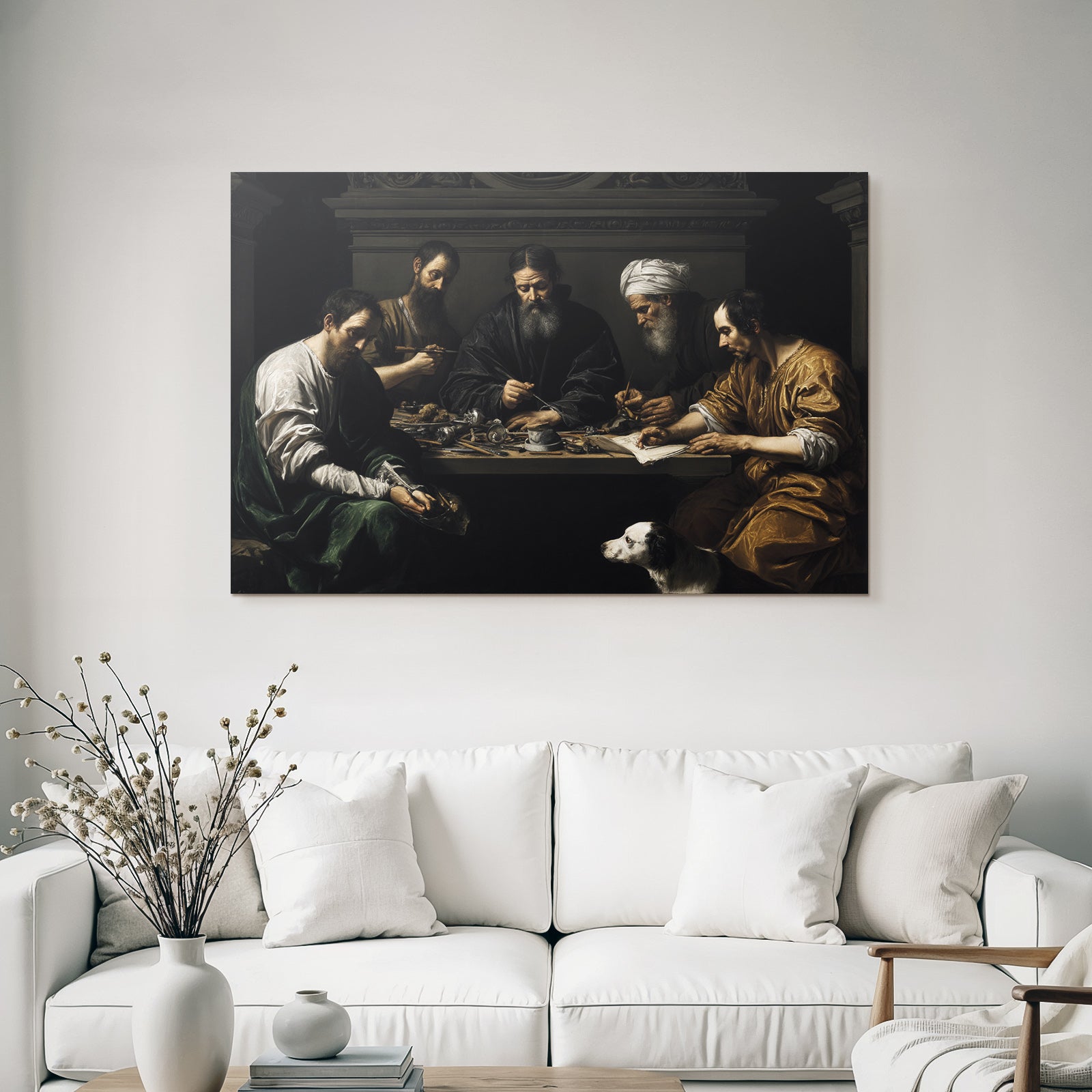 Gruppe Von Figuren Um Tisch Mit Hund Chiaroscuro Malerei