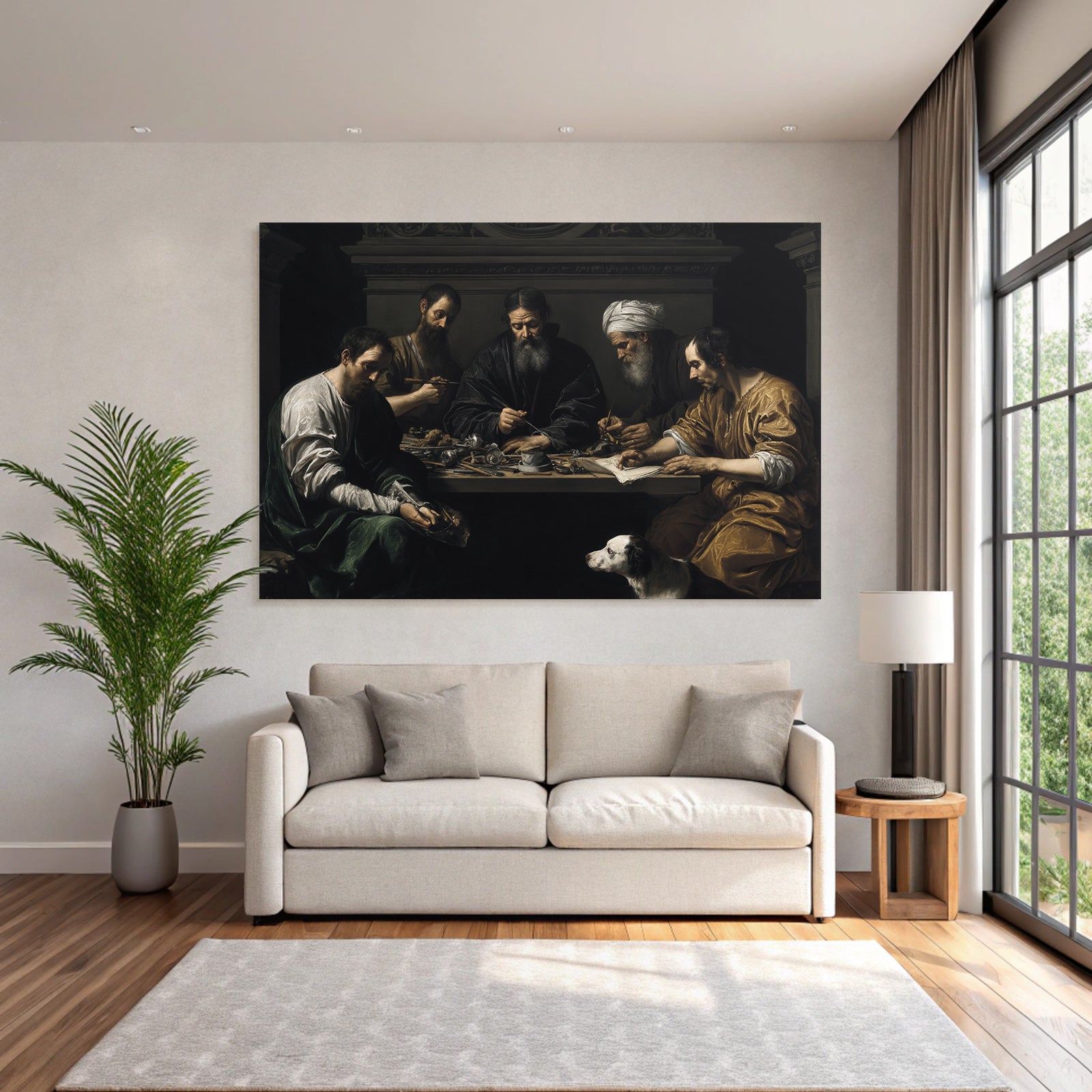 Gruppe Von Figuren Um Tisch Mit Hund Chiaroscuro Malerei