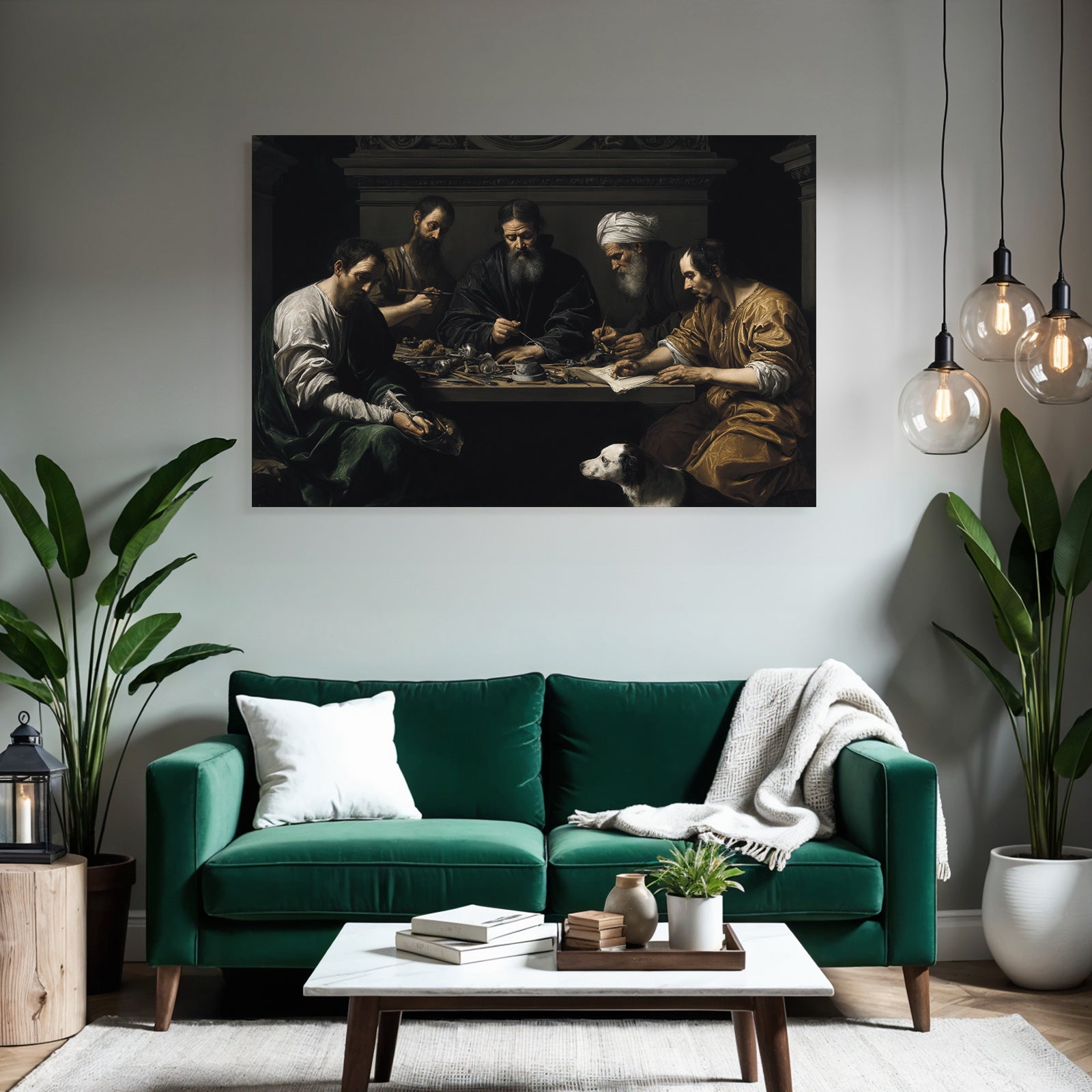Gruppe Von Figuren Um Tisch Mit Hund Chiaroscuro Malerei