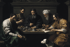 Gruppe Von Figuren Um Tisch Mit Hund Chiaroscuro Malerei | Klassisch | Einrichtungsstile