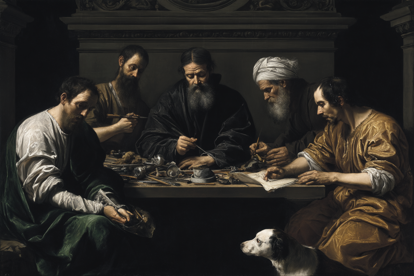 Gruppe Von Figuren Um Tisch Mit Hund Chiaroscuro Malerei | Klassisch | Einrichtungsstile