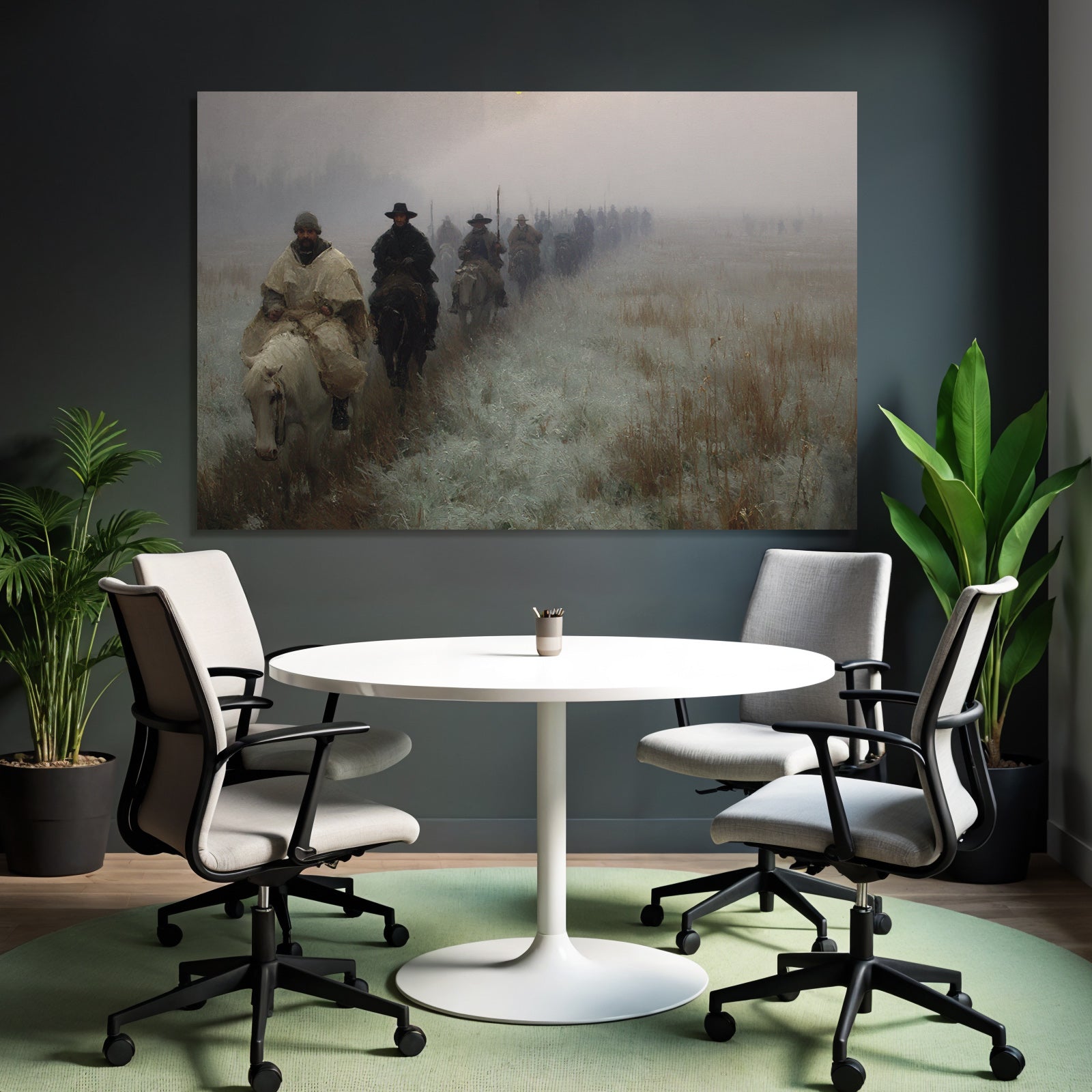Gruppe Von Reitern Im Nebligen Landscape Morgendliche Kaelte