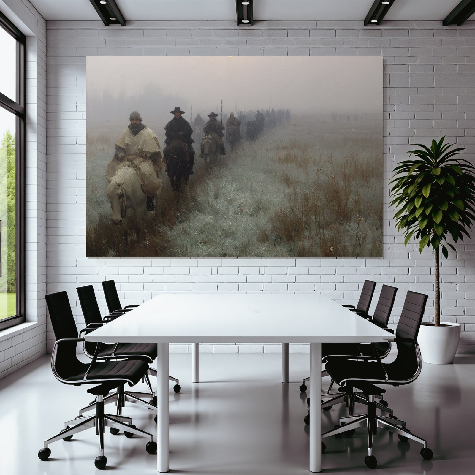 Gruppe Von Reitern Im Nebligen Landscape Morgendliche Kaelte