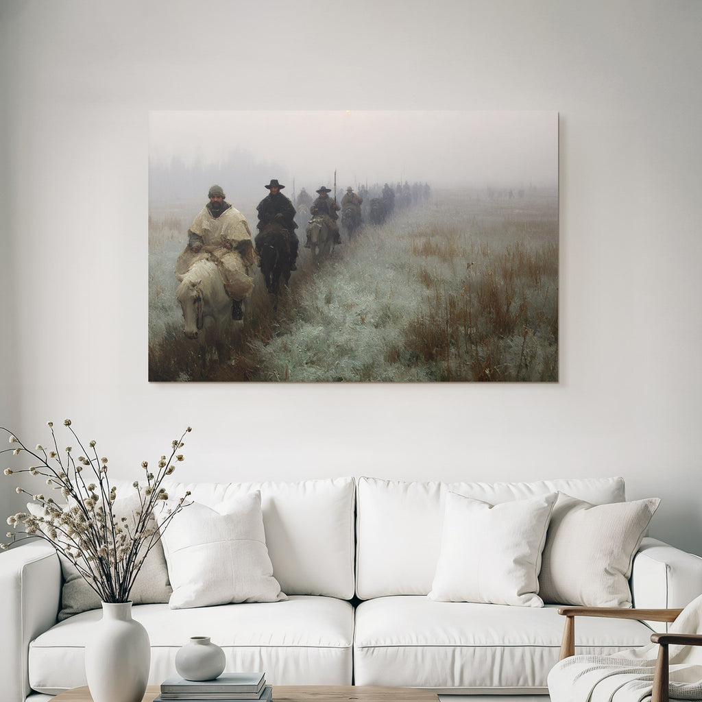 Gruppe Von Reitern Im Nebligen Landscape Morgendliche Kaelte