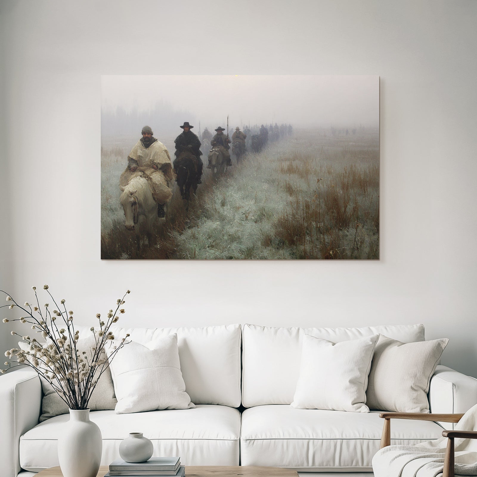 Gruppe Von Reitern Im Nebligen Landscape Morgendliche Kaelte